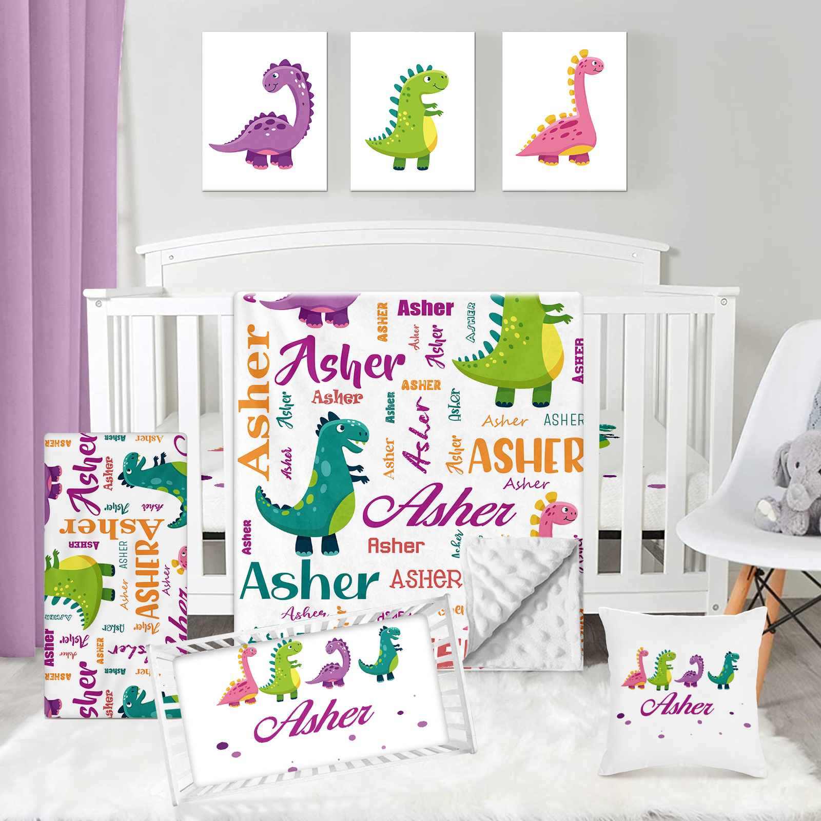 KAINSY Personalized Baby Crib Bedding Set - 5 Piece Custom Gift Crib Dinosaur Bed Set with Name, Crib Sheet,Changing Pad Cover, Pillow, Wall Art, Nursery Decor for Infants Boys Girls 30''x40''
